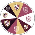 Icons set in form of various shields with emblems in sectors of circle for web banners. Coat of arms Royalty Free Stock Photo