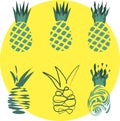 Icons set with hand abstract drawing pineapples