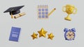 Icons set for learning and onlline education banners. Book, clock, graduation cap, diploma, three stars, winner cup. 3d render Royalty Free Stock Photo