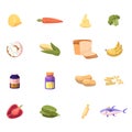 Icons Set Lemon, Carrot and Cheese, Broccoli, Donut and Corn with Bread. Banana, Vitamin Bottle and Potato Royalty Free Stock Photo