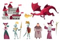 Icons set of Medieval Kingdom Characters. Isolated knight, monk, dragon and others on a white background. Vector