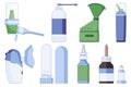 Icons set of nasal drops and sprays. For colds, flu, cough medicine in the nose in a flat style isolated on a white Royalty Free Stock Photo