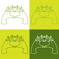 Icons set with outline hands with heart gesture. Green background