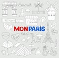 Icons set Paris cuisine and traditional modern culture. Europe Eiffel Paris icons fashion wine building design