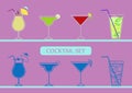 Icons set with pinacolada, margarita, cosmopolitan and mojito cocktails.