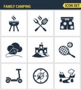 Icons set premium quality of family camping travel summer nature cooking vacation camp. Modern pictogram collection flat design st Royalty Free Stock Photo