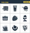 Icons set premium quality of food Items business industry farm products plant fruit. Modern pictogram collection flat design style Royalty Free Stock Photo