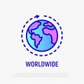 Worlwide shipping thin line icon: globe with arrow. Modern vector illustration for delivery service or logistic company Royalty Free Stock Photo