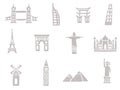 Icons set tourist attractions, illustration architectural monuments and famous places