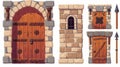 Icons set of wooden doors, medieval castle wood entries with stone door jambs. Fantasy palace architecture design with Royalty Free Stock Photo