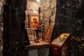 Icons in small altar of the lower hall of the Greek Orthodox Church of the Annunciation in Nazareth old city in northern Israel