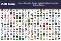 240 Icons Of Soccer, Baseball, Tennis, Football, Cricket, Chemistry, Medical, Fitness Royalty Free Stock Photo