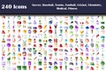 240 Icons Of Soccer, Baseball, Tennis, Football, Cricket, Chemistry, Medical, Fitness Royalty Free Stock Photo