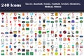 240 Icons Of Soccer, Baseball, Tennis, Football, Cricket, Chemistry, Medical, Fitness Royalty Free Stock Photo