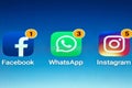 Icons of social media facebook, instagram, whatsapp application on screen. Macro image, Social media icons. Social network. 15.12.