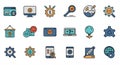 Icons symbolize various concepts such as analytics, technology, business, and