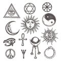 Icons and symbols of white magic, occult, mystic, esoteric, masons Eye of Providence. Hand drawn alchemy, religion Royalty Free Stock Photo