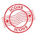 ICONS, text written on red postal stamp