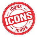 ICONS text written on red round stamp sign