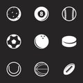 Icons for theme Sports balls. Black background, vector, icon, set Royalty Free Stock Photo