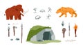 Icons on theme stone age - prehistoric weapons, tools, cave paintings and fire Royalty Free Stock Photo
