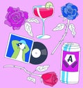 Vector illustration of objects for a romantic date night indoors including beer can, mojito or cocktain, roses and music record. Royalty Free Stock Photo