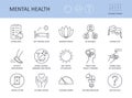 Icons 15 top tips for good mental health. Editable stroke. Get enough sleep eating well. Avoid alcohol, smoking manage stress.