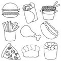 Icons on the topic of fast food in black and white