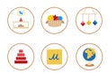 Icons with toys for preschool, kindergarten, web, school, blog. Elements with sensory materials: pyramid, animal