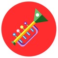 Icons trumpet of toys in the flat style. Vector image on a round colored background. Element of design, interface. Royalty Free Stock Photo