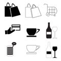 Icons vector set with coffee - shopping cart - bags - drink glass - mobile phone - credit card Royalty Free Stock Photo