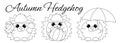Mini set with cute cartoon autumn hedgehog. Draw illustration in black and white Royalty Free Stock Photo