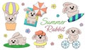 Set Cute Cartoon Summer Rabbit in color Royalty Free Stock Photo