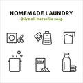 6 icons which stand for the steps for making homemade laundry. Icons designed in line art style can be used for web and print