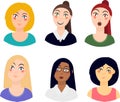 Icons of women portraits, different races, different emotions, set of avatars people. Stedenrt, scientist, buisness. Asian, indi Royalty Free Stock Photo