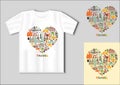 Icons world tourist attractions in the shape of a heart. Travel concept with t-shirt mockup