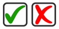 Icons yes and no, voting for and against, vector green tick and red cross in voting square