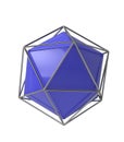 Icosahedron 3d geometric volume blue solid shape in wireframe metal jail, 3d illustration