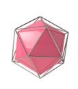 Icosahedron 3d geometric volume red solid shape in wireframe metal jail, 3d illustration