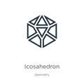 Icosahedron icon. Thin linear icosahedron outline icon isolated on white background from geometry collection. Line vector