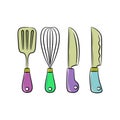 Chef Knife kitchen utensil equipment with colored hand drawn vector illustration