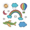 Sky Doodle, Airplane, Cloud, moon, rainbow and sun vector illustration