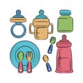 Feeding baby equipment with hand drawn vector illustration