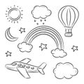 Sky Doodle, Airplane, Cloud, moon, rainbow and sun vector illustration Royalty Free Stock Photo