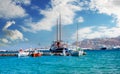 Icredible view of sailing yachts and boats and mountanious landscape of greece island Royalty Free Stock Photo