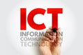ICT Information Communication Technology concept, digital systems abbreviation written by hand, computing and network term Royalty Free Stock Photo