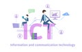 ICT, Information Communication Technology. Concept table with people, letters and icons. Colored flat vector