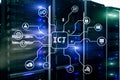 ICT - information and communications technology concept on server room background