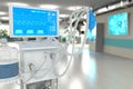 ICU artificial lung ventilator with fictive design in bright clinic with selective focus - heal coronavirus concept, medical 3D Royalty Free Stock Photo