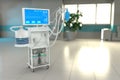 ICU artificial lung ventilator with fictive design in bright hospital with soft focus - heal coronavirus concept, medical 3D Royalty Free Stock Photo